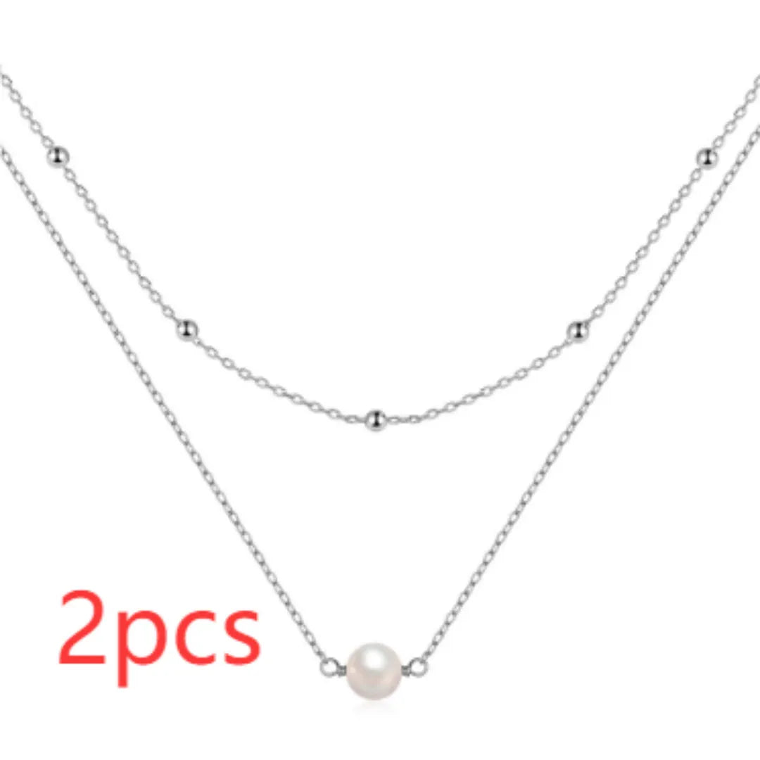 S925 sterling silver double layer necklace with twin pearls and geometric pendant in gold plating