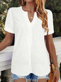 White women's V-neck T-shirt with hollow-out pattern detail on front