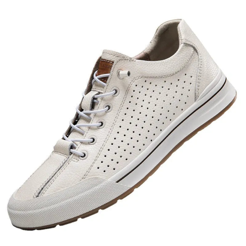 Men's white and black matte leather casual shoes with flat heels and round toes, showing hollow-out and fleece-lined style options.