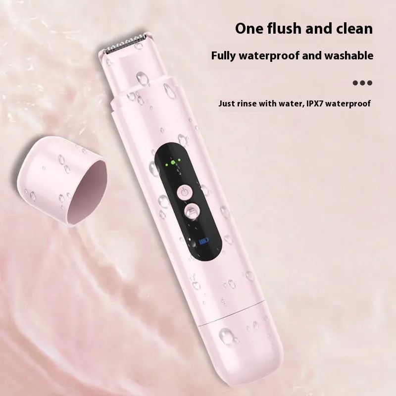 Pink and white portable electric armpit hair trimmer with USB charging cable