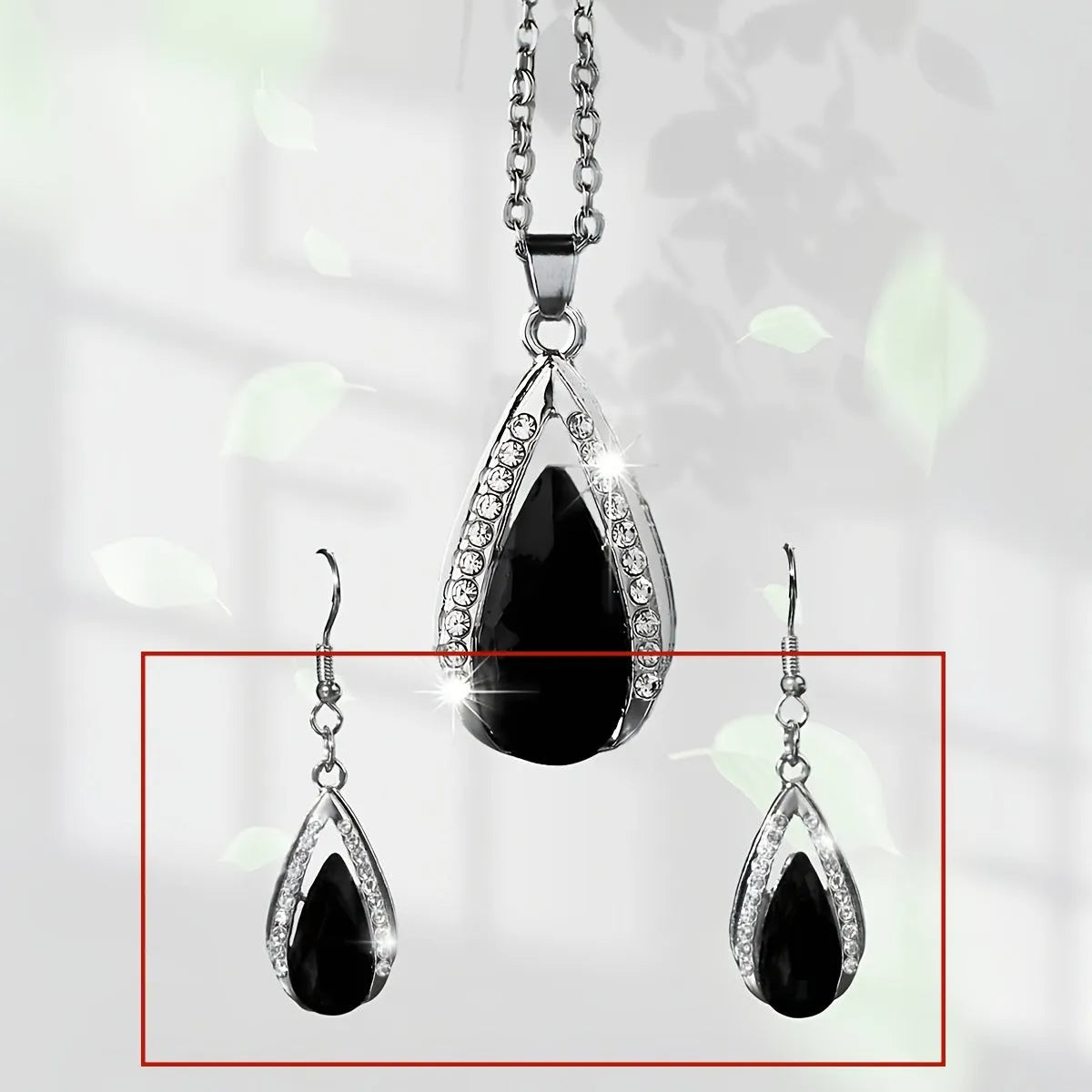 Teardrop pendant necklace and matching earrings set in black and red alloy jewellery