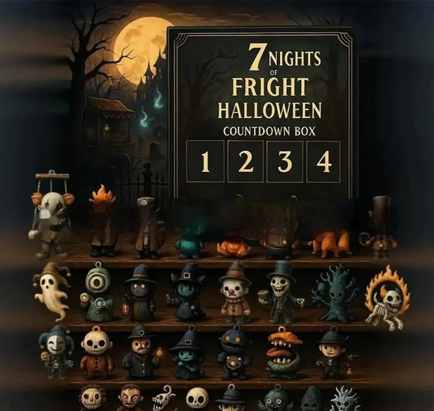 Halloween Countdown Box blind box advent calendar with horror theme and doll figure inside.