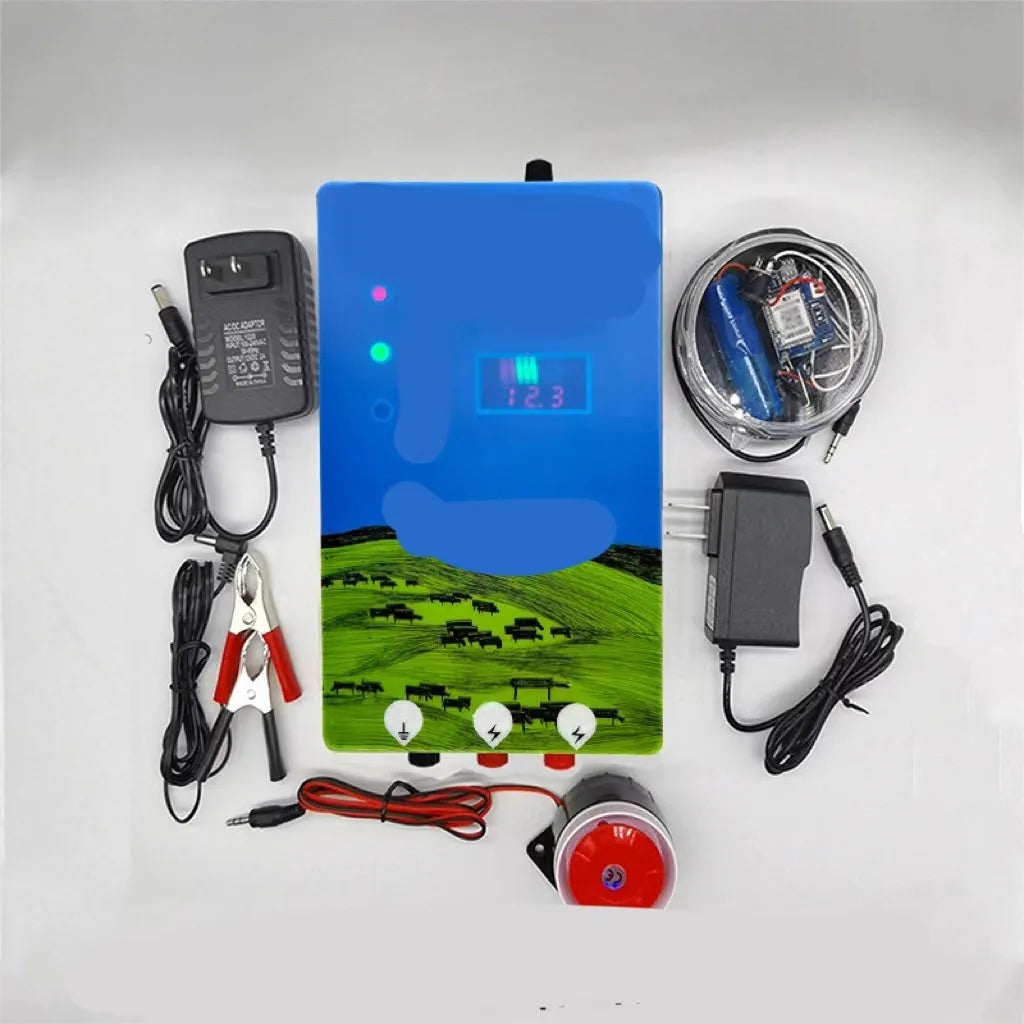 Electronic alarm host unit for a high-voltage livestock electric fence system with charger and ear clips.