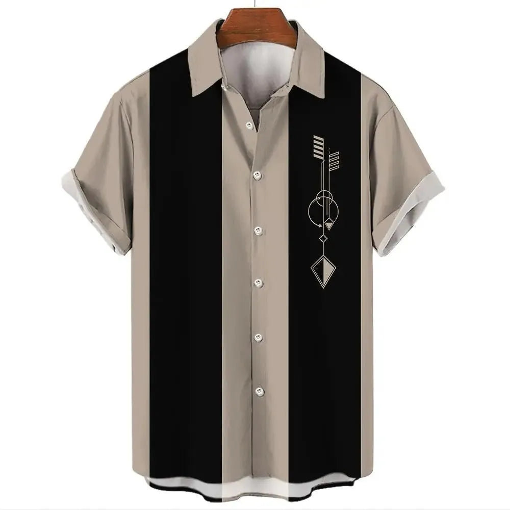 Man wearing a striped short sleeve Hawaiian-style button-up shirt in a casual setting.