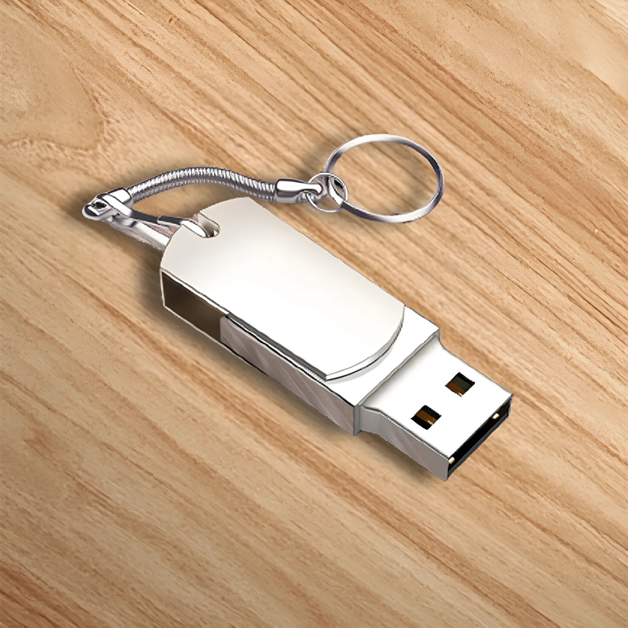 White metal rotary USB flash drive showing compact dimensions and rotating mechanism