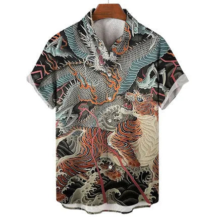 Man wearing a slim-fit short sleeve shirt with a colourful 3D digital printed flower pattern.