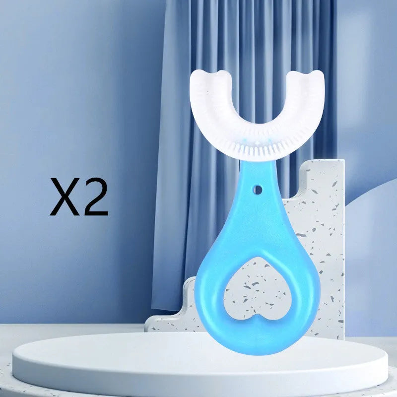Children's U-shaped soft rubber toothbrush in pink and blue colours for milk teeth cleaning