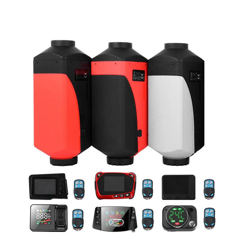 Red and black diesel air heater kit with fuel tank and components for vehicle cabin heating.