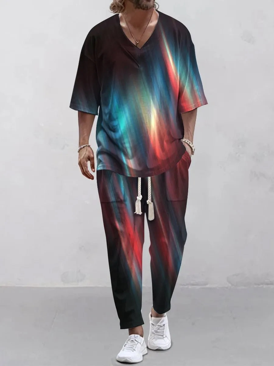 Polyester cropped sleeve V-neck jacket and trousers suit set on a hanger.