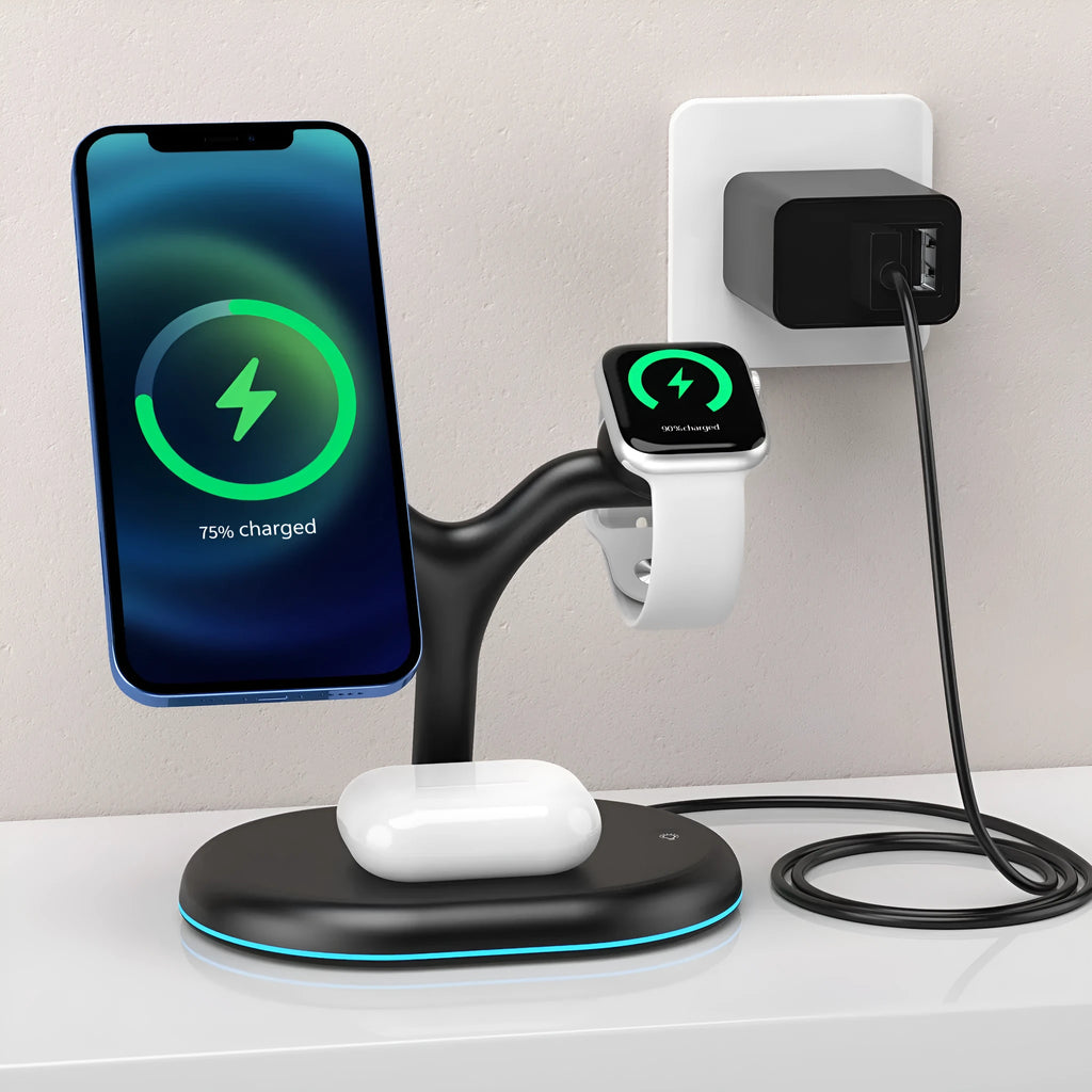 Black three-in-one magnetic wireless charger with ABS plastic case on a table