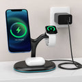 Black three-in-one magnetic wireless charger with ABS plastic case on a table