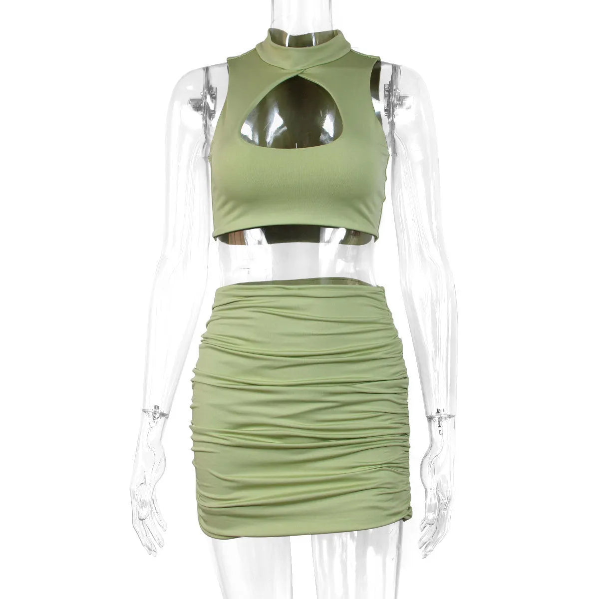 Light purple women's hollow vest and matching split skirt two-piece set on a hanger.