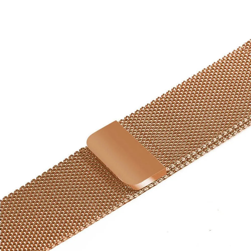Stainless steel watch replacement strap in silver, shown next to black, gold, and rose gold options.