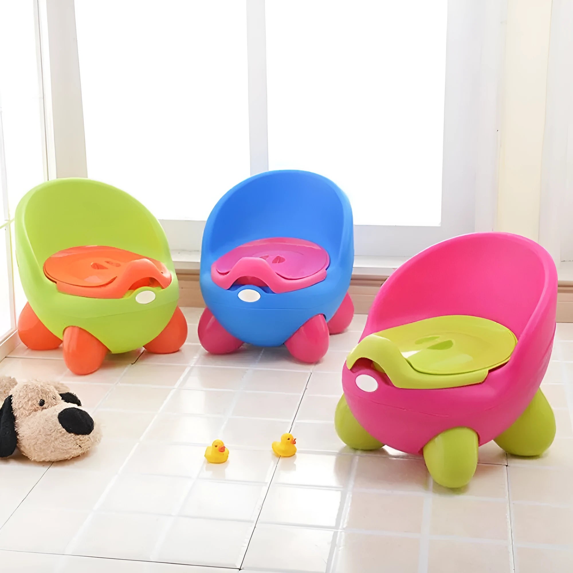 Dandan cartoon-themed baby training toilet stool in blue, green, red, pink, or light blue and green colours.