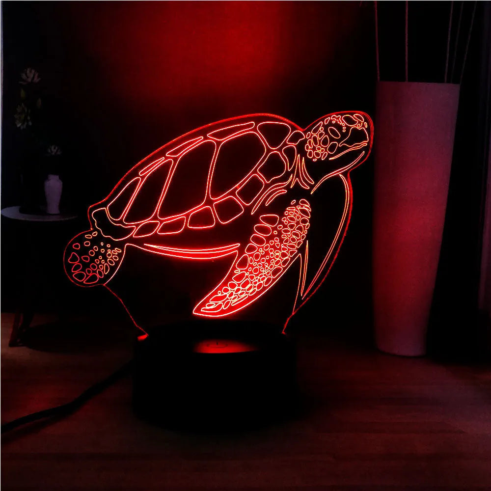 3D clear acrylic turtle-shaped LED night light showing multiple colour options.