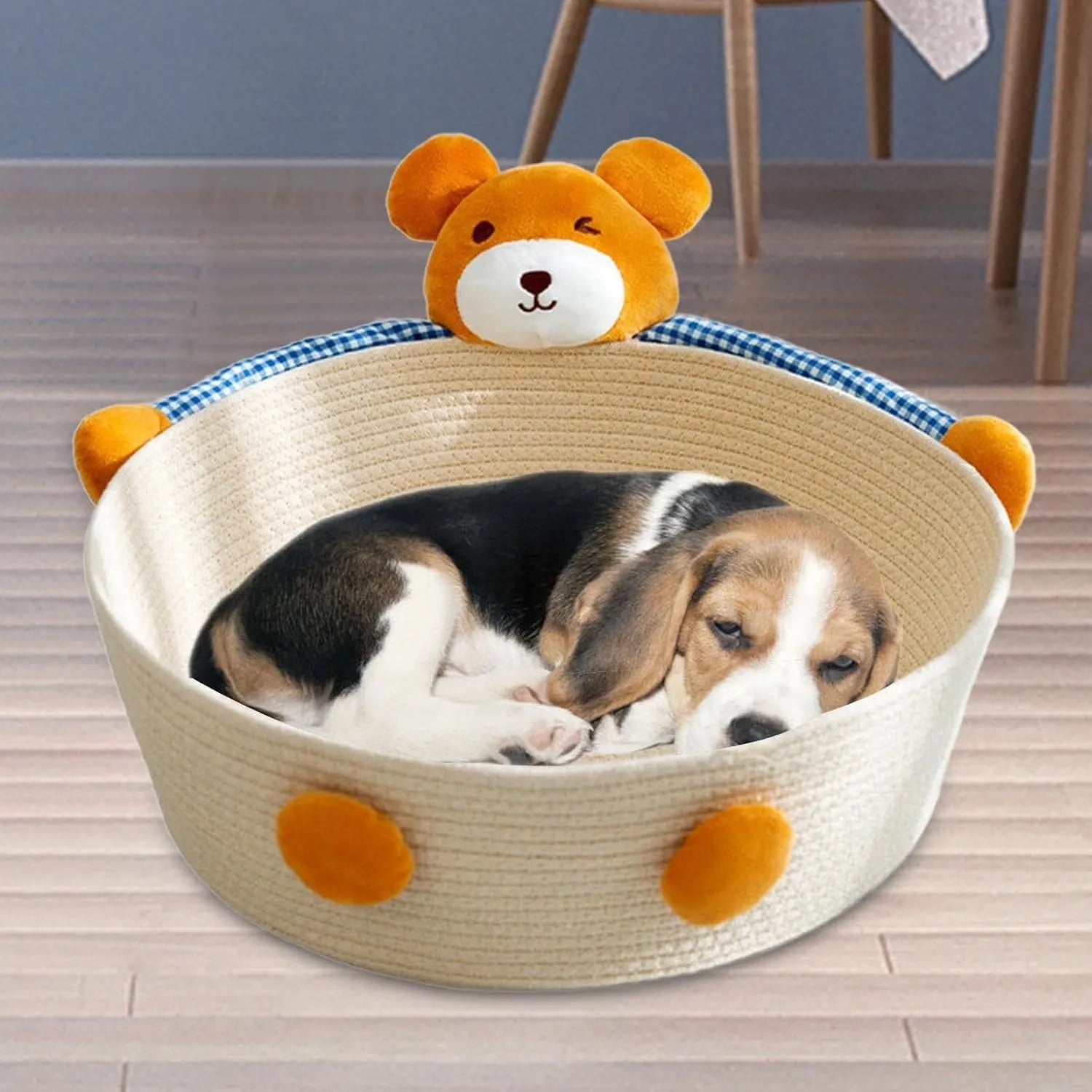 Woven cotton rope cat bed basket with bear pattern, functioning as a pet bed, scratcher, and storage container.