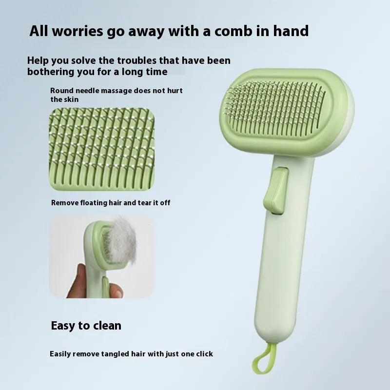 Large light grey pet grooming comb for cats and dogs showing one-click hair removal button.