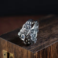 Personalised silver open ring with a detailed jibeast or animal zodiac pattern on a retro-style band.