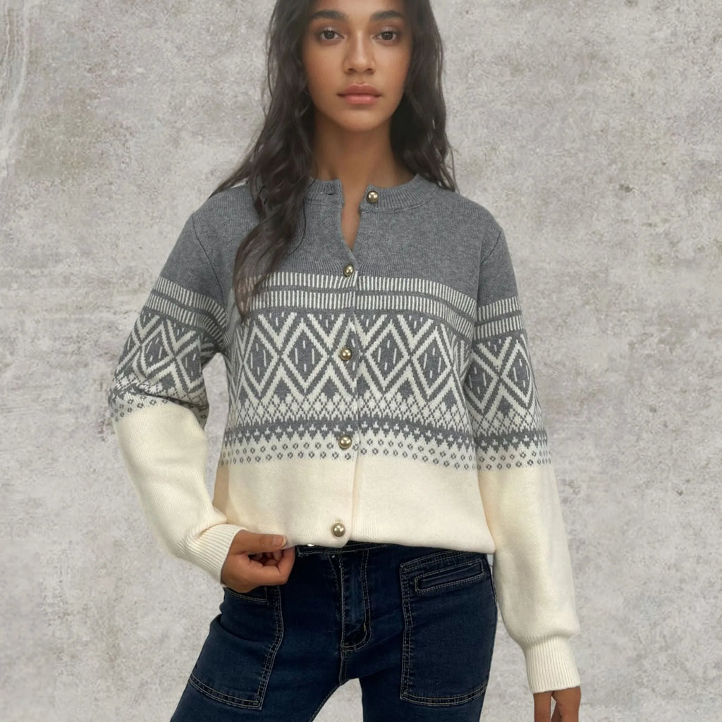 Women's red alpaca fleece cardigan with diamond knit pattern and contrast colour long sleeves