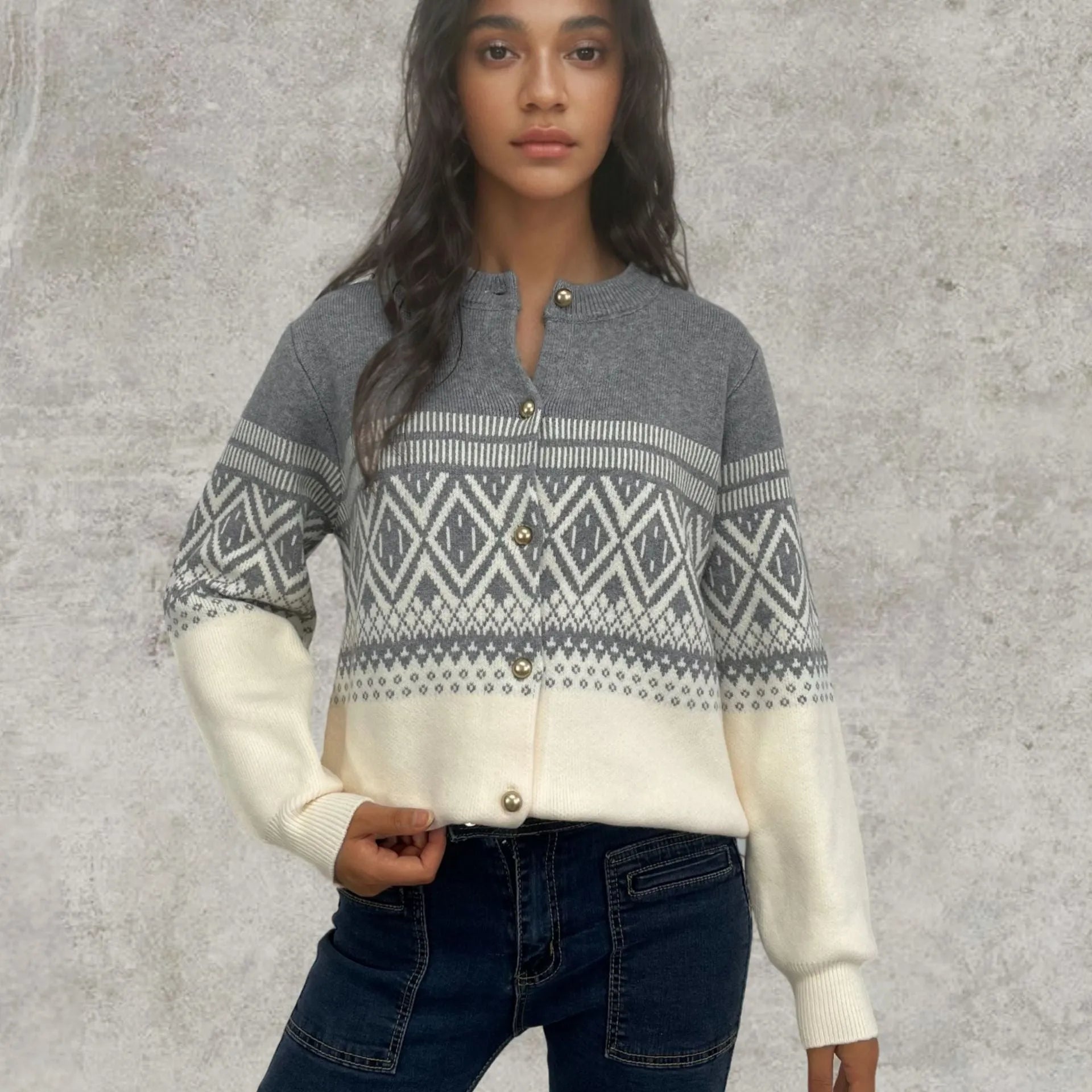 Women's red alpaca fleece cardigan with diamond knit pattern and contrast colour long sleeves
