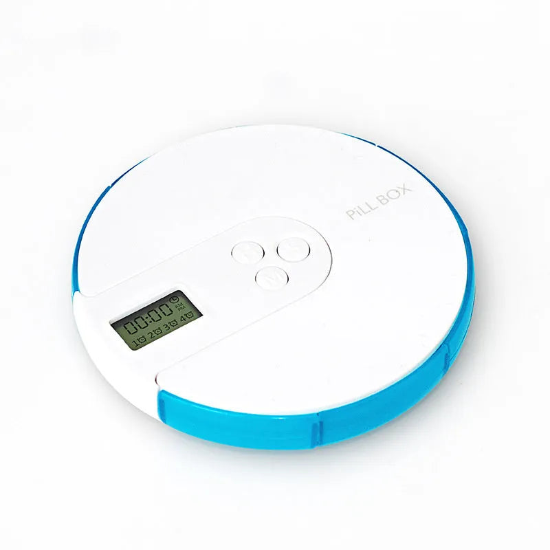 Seven-compartment alarm clock pill dispenser showing front display and storage slots.