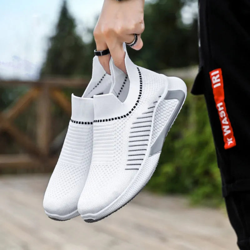 Men's mesh sock shoes with striped design, lightweight slip-on sneakers in black colour