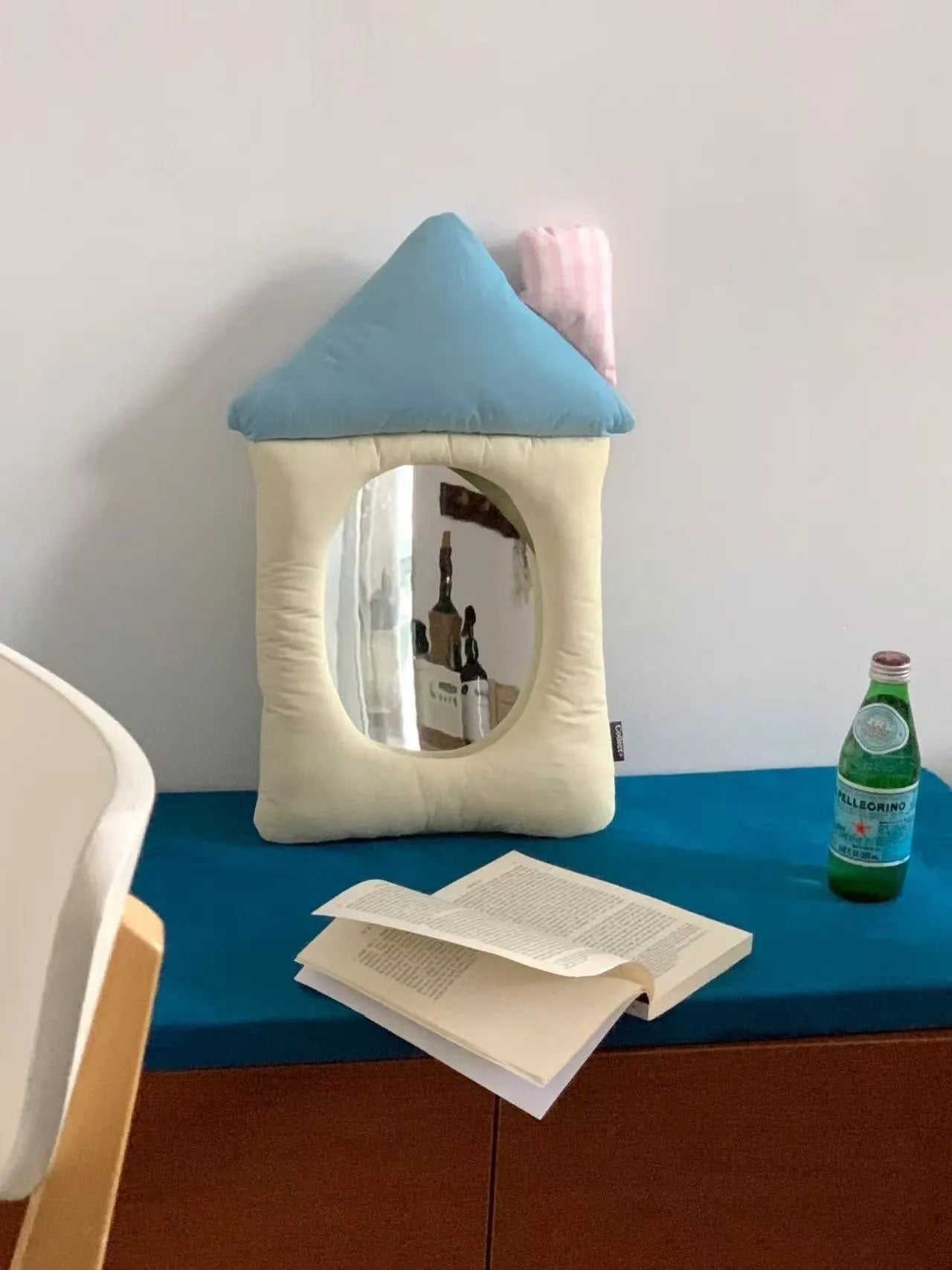 Korean-style decorative pillow mirror with fabric covering and aluminium lens in apple green colour