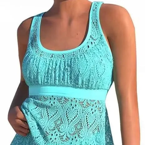 Women's solid colour two-piece swimsuit set with conservative split design for swimming sports