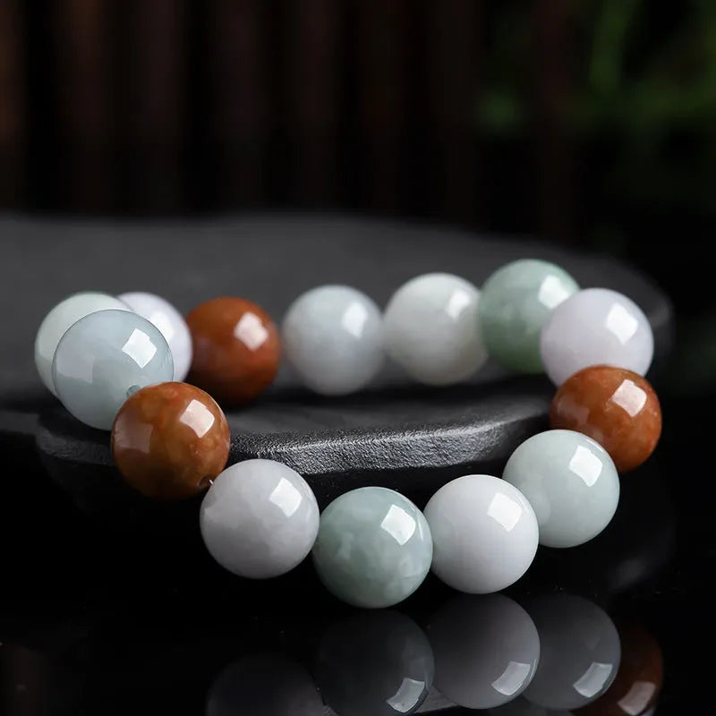 Women's natural Myanmar jade three-colour bracelet with round 13mm beads and certificate