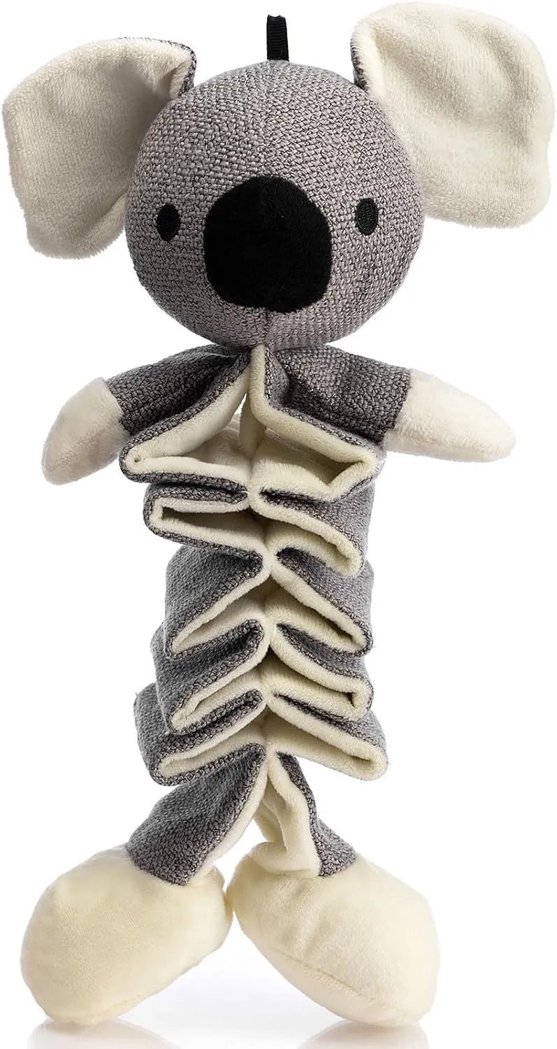 Grey koala plush dog toy measuring 30cm with crinkle paper squeaker and rope reinforcement