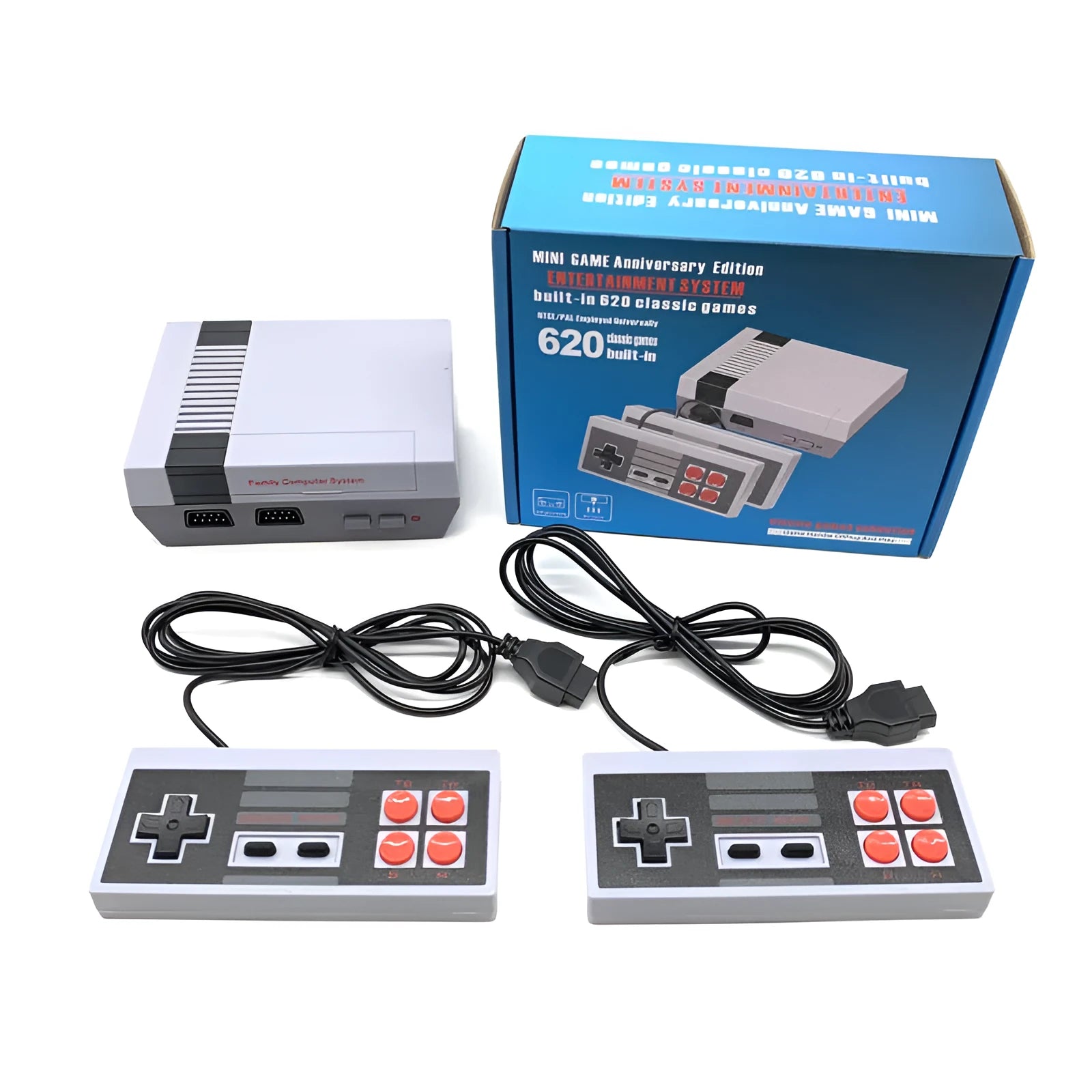 NES 8-bit retro game console with two controllers in compact 18.3x14.3x7cm design