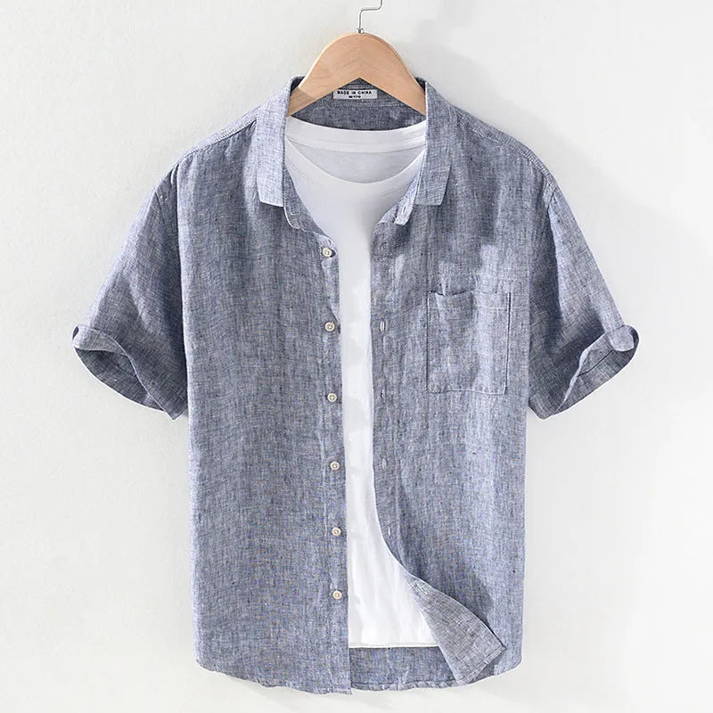 Men's linen casual shirt with square collar and short sleeves in raw jute colour
