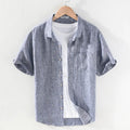 Men's linen casual shirt with square collar and short sleeves in raw jute colour