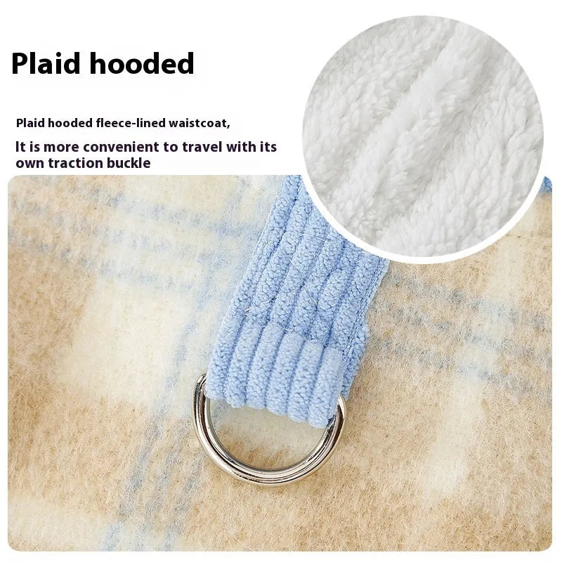 Blue chessboard grid corduroy hooded vest for small dog with traction hood design