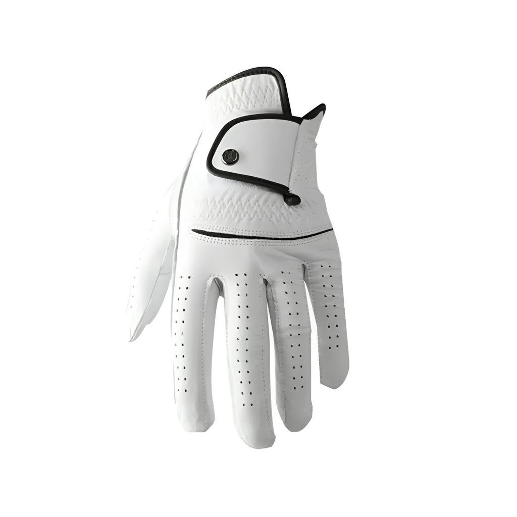 Men's white half sheepskin golf glove showing non-slip palm.