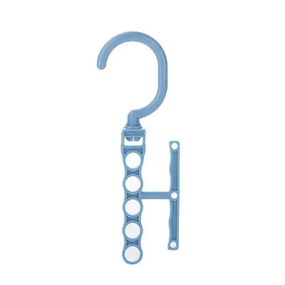 Blue revolving wardrobe hanger with five branches and folding handle for clothing organisation