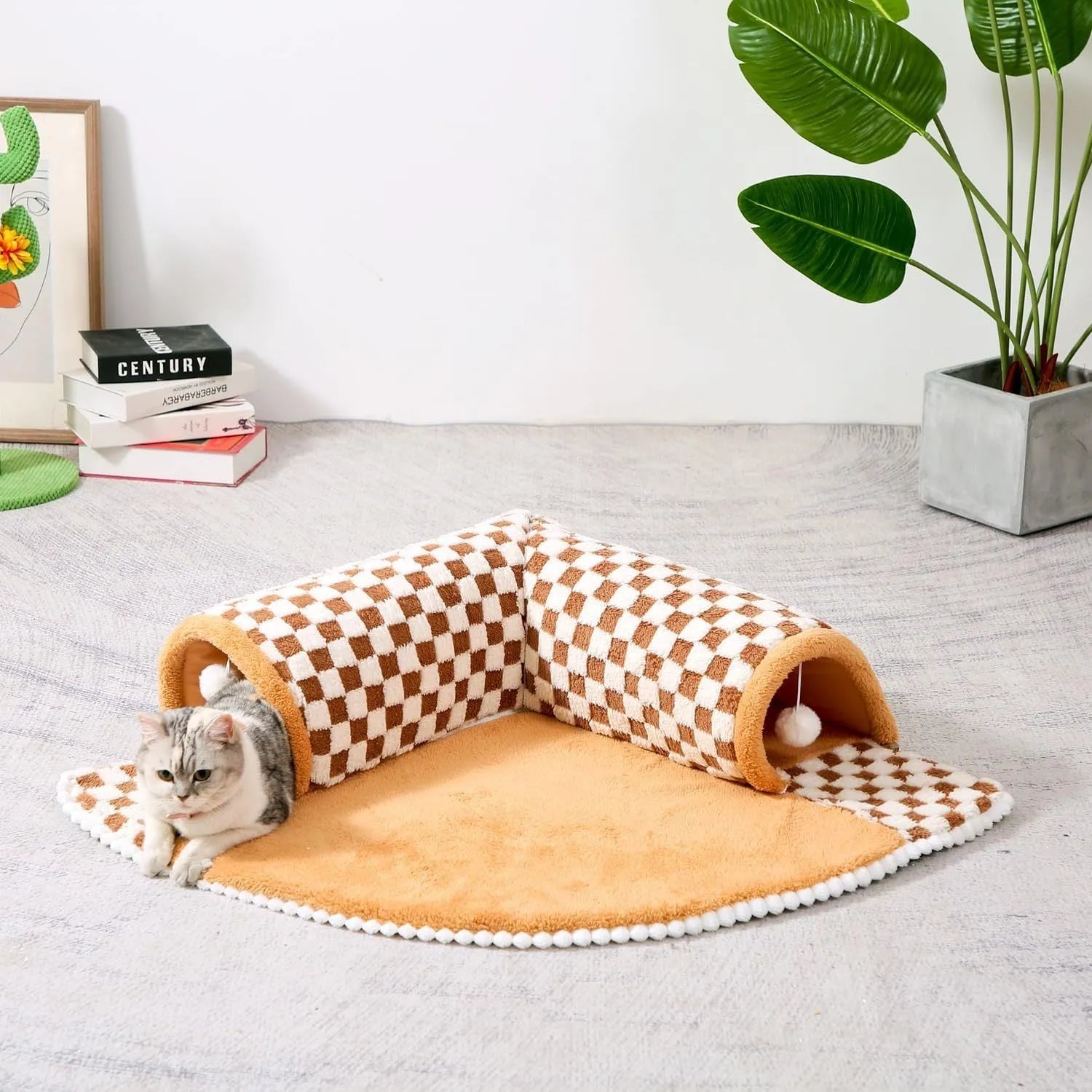 Coffee-coloured plush pet bed with integrated tunnel and anti-slip base for dogs and cats