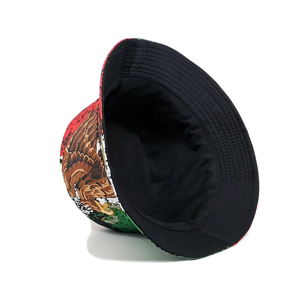 Eagle pattern bucket hat in polyester fabric with dome crown and retro styling