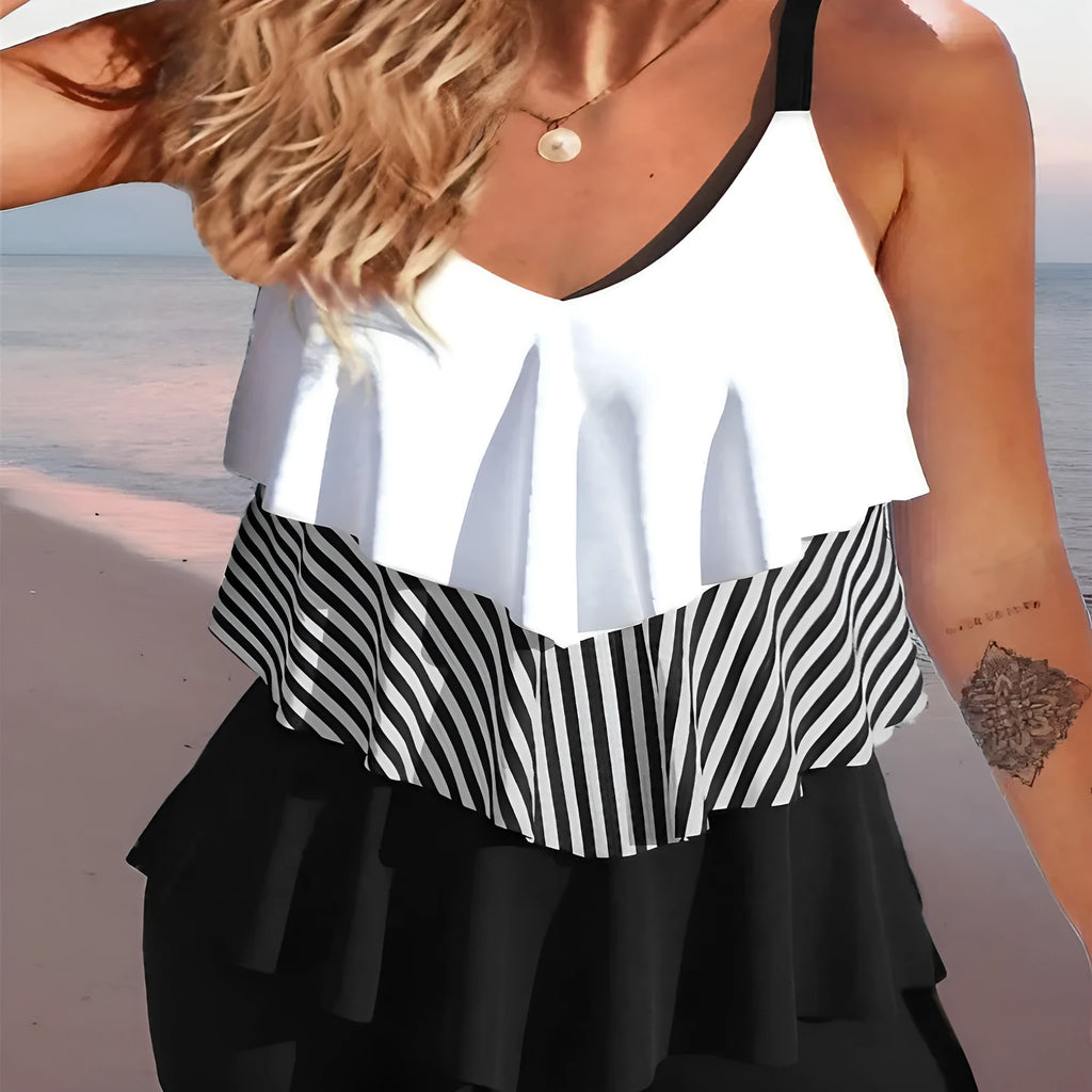 Women's backless bikini swimsuit with spaghetti straps and ruffle detailing