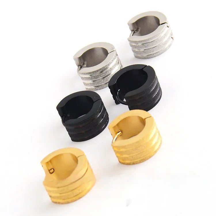 Geometric three-line frosted earrings in titanium steel with electroplated black, gold, or steel finish