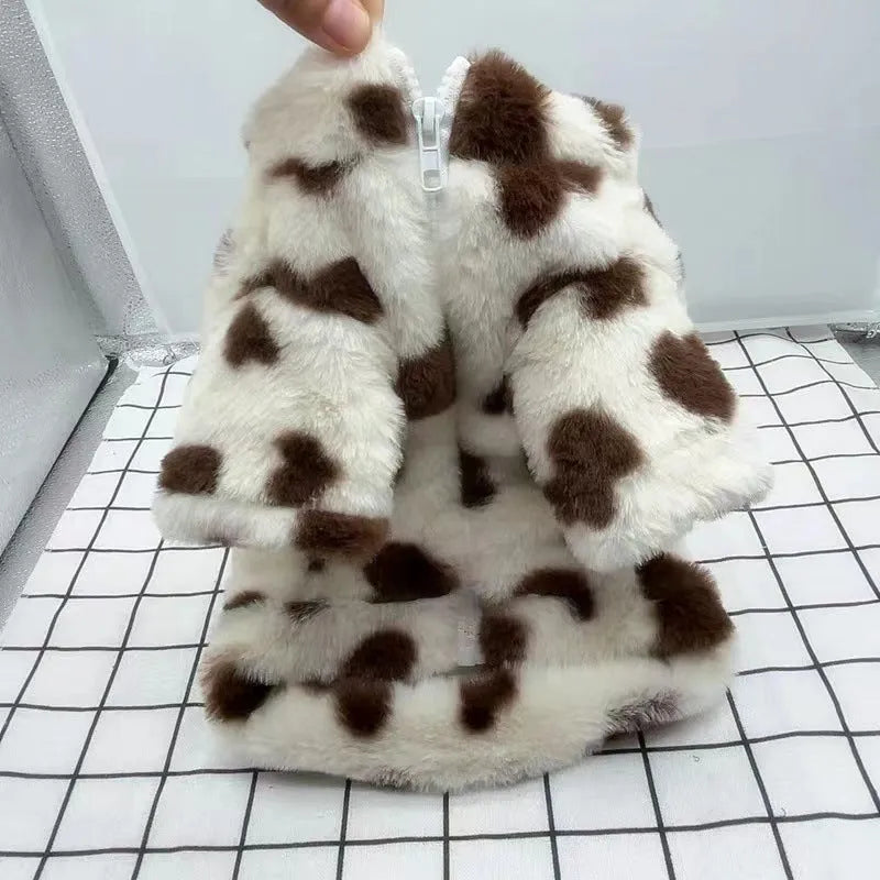 Pink polyester warm coat for small dog on white background showing British-style design