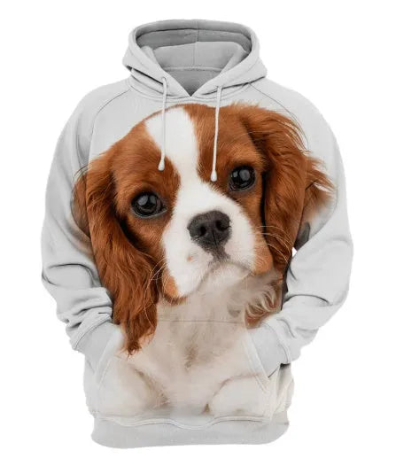Animal dog 3D printed hoodie pullover in orange and black pattern on a fabric background