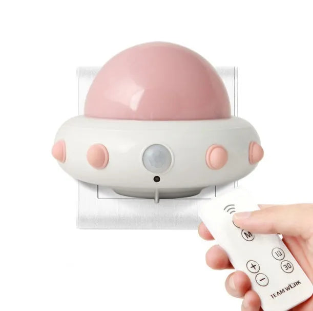 Remote control UFO bedside night light in blue, pink or white with ABS plastic lamp shade