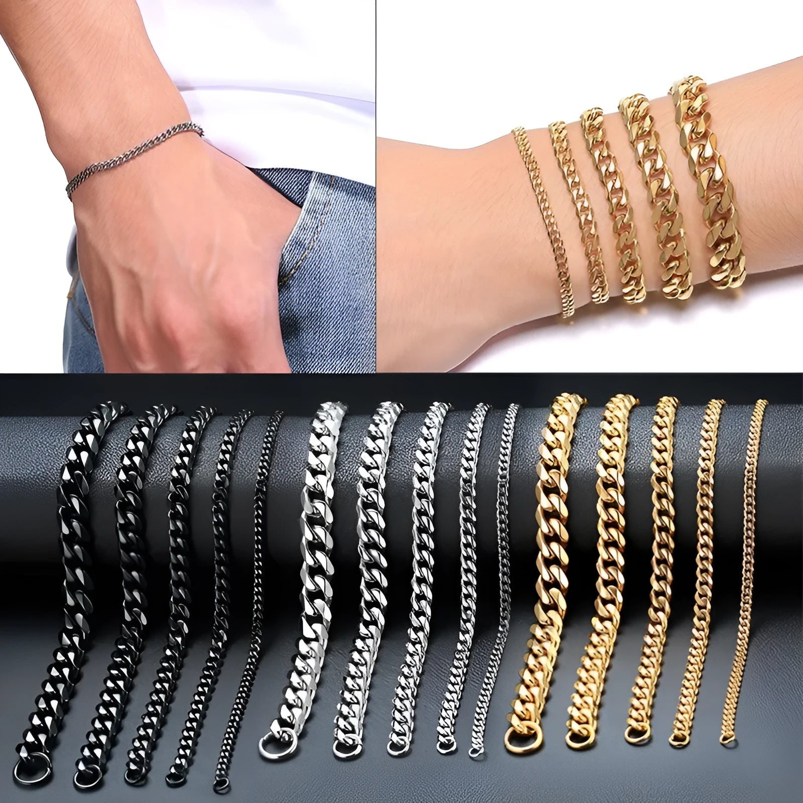Six-sided Cuban link chain metal bracelet shown in gold, black and steel colour finishes with different width options.