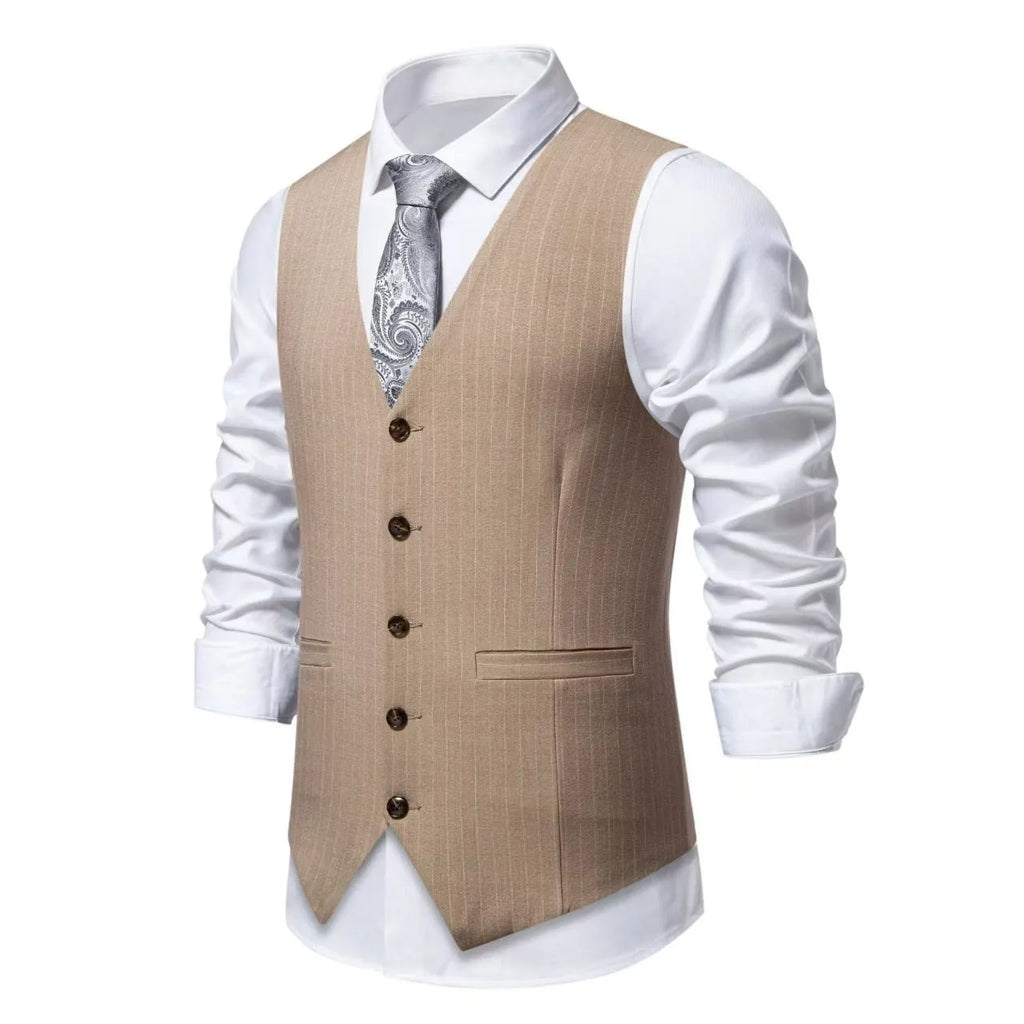 Men's striped suit vest in black, red, or khaki with a non-ironing polyester build and miter bottom hem.