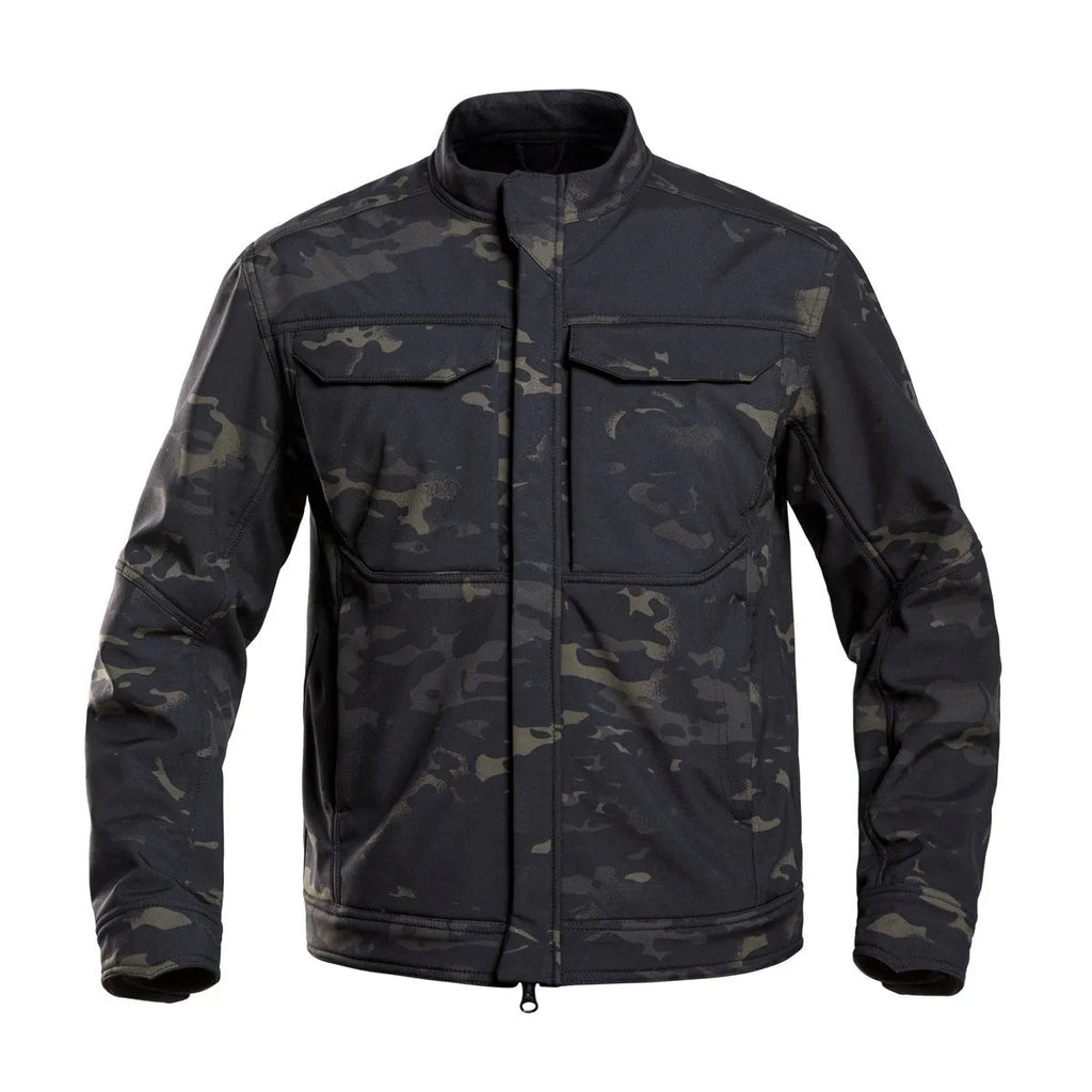 Bone Frog Peak Breaker soft shell tactical jacket in black, shown for outdoor mountaineering use.