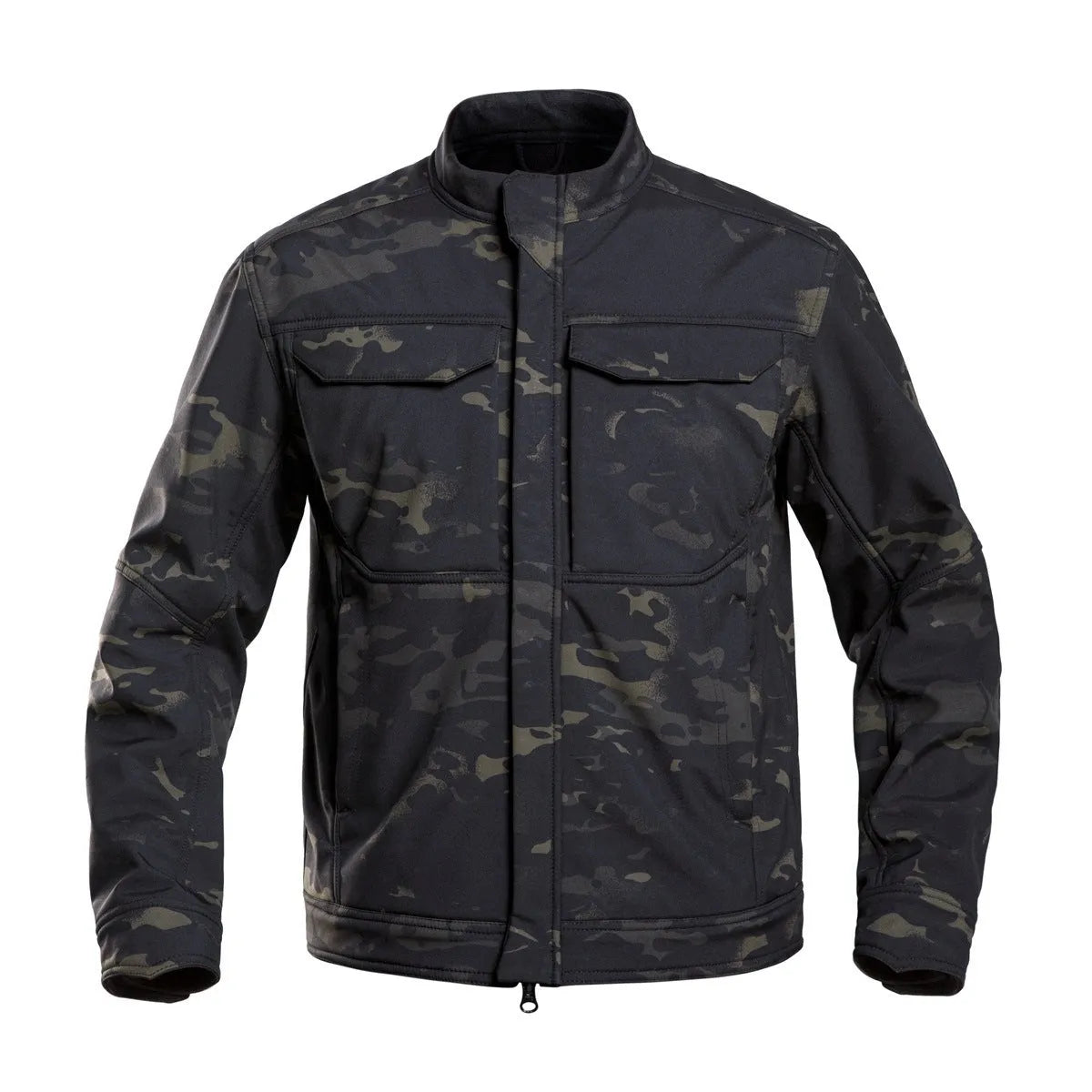 Bone Frog Peak Breaker soft shell tactical jacket in black, shown for outdoor mountaineering use.