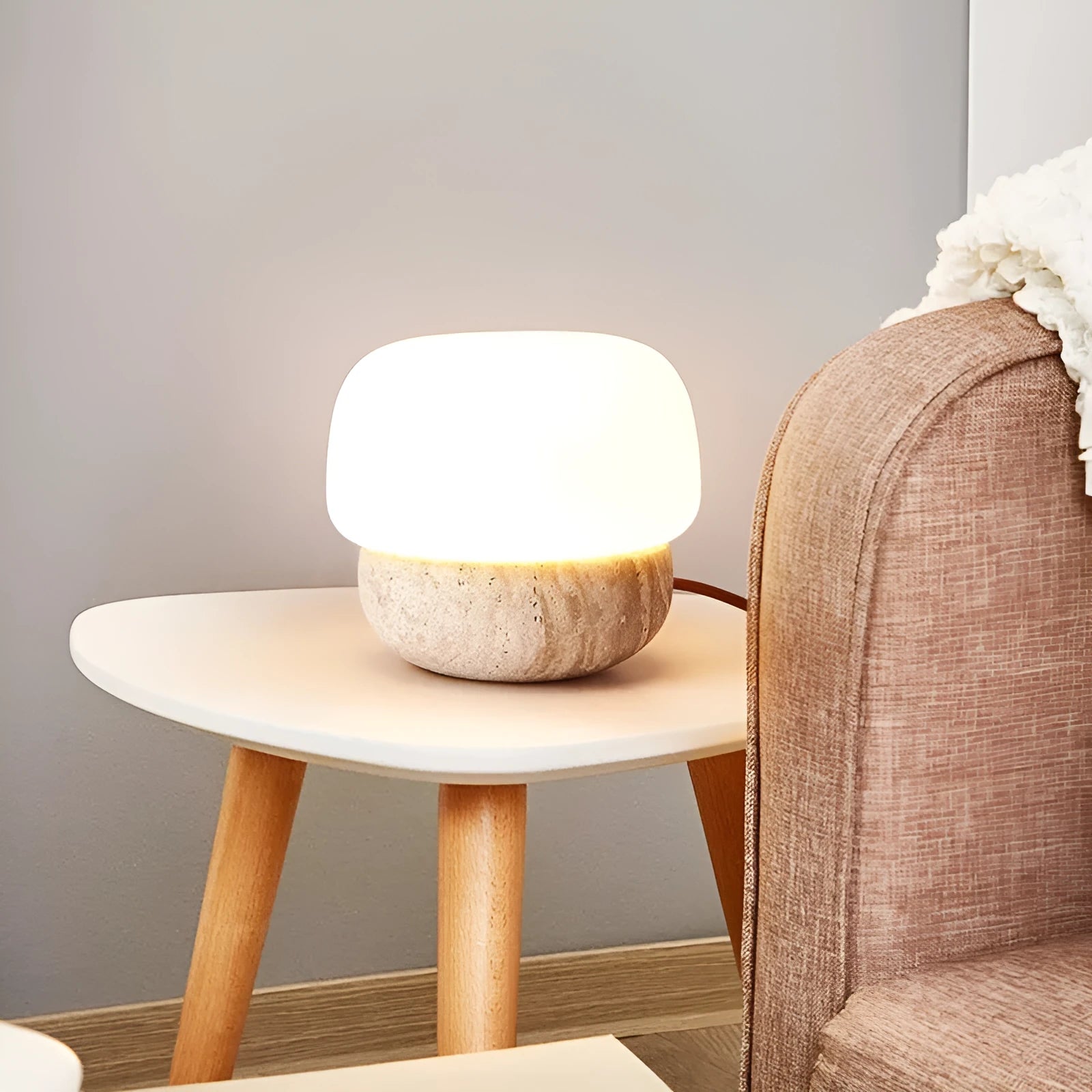 Cream-coloured retro bedside lamp with compact dimensions measuring 18cm by 17cm