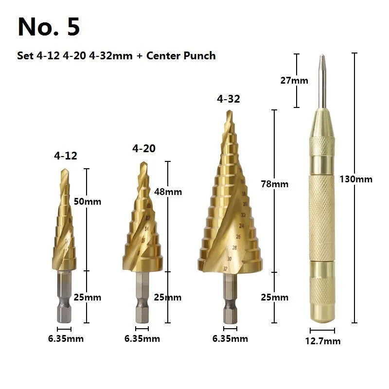 Step drill bit set with centre punch showing cone-shaped bits and colour-coded handles
