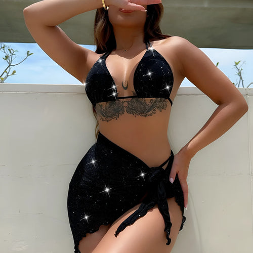 Black three-piece bikini swimsuit set with crop top and shorts on a mannequin.